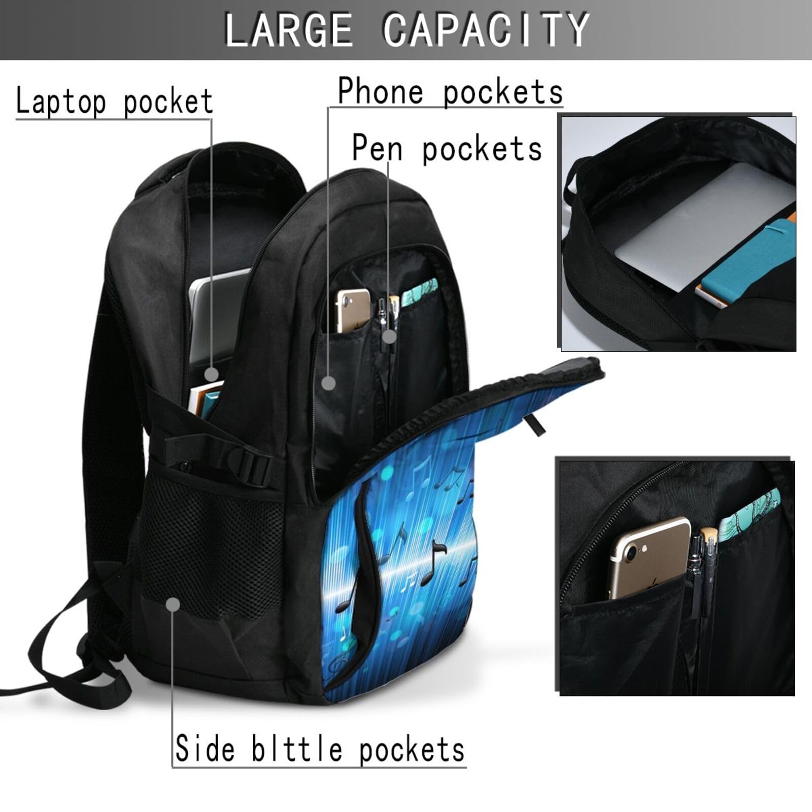 InOmak Musiknoten mit Notenschlüssel, Reiserucksack, Freizeitrucksack, Schulrucksack, Laptop-Rucksack für Damen und Herren