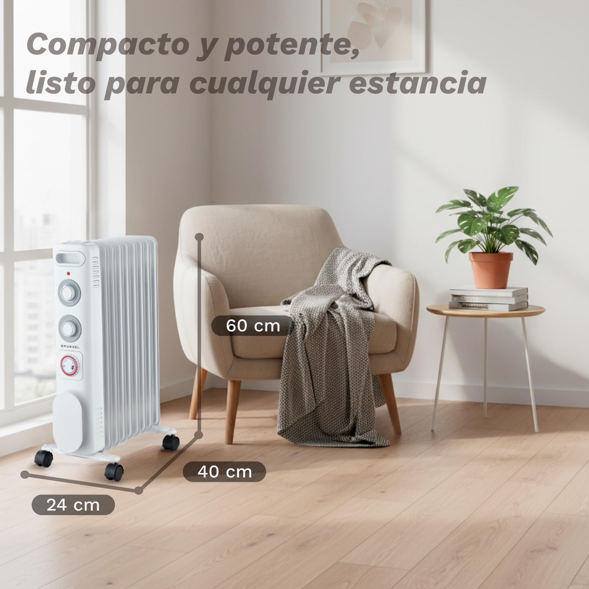 GRUNKEL RD-2000S Radiador de Aceite, 2000W-2500W, 9 Elementos, 3 Niveles de Potencia, Temporizador 24h, Termostato Regulable, Ruedas Multidireccionales