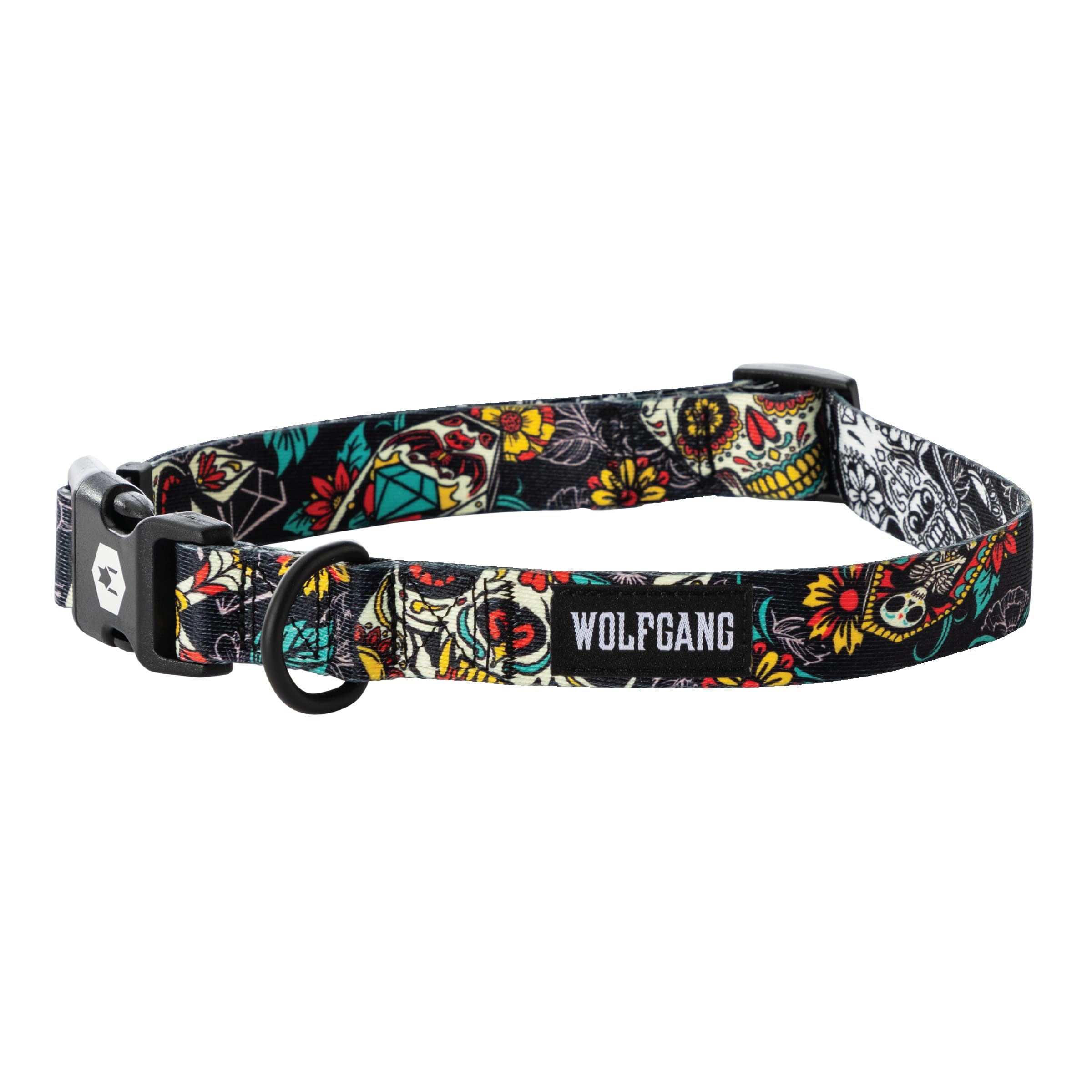 Wolfgang Heavy Duty, Adjustable Dog Collar with Quick Release Nylon Buckle for Walking & Training, LosMuertos Print, Small