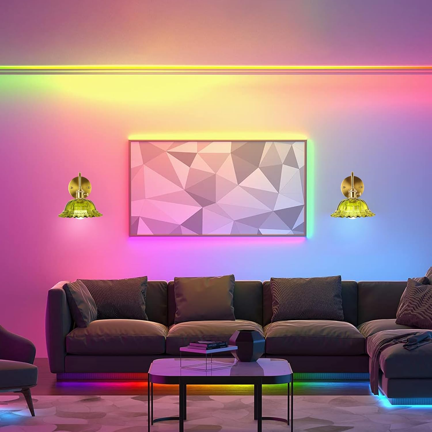 Battery Operated Wall Sconce Vintage, Wireless Rechargeable RGB Wall Light Set of 2，Green Glass Lampshade Wall Lights with Remote Control for Bedroom,Bedside,Mirror,Living Room