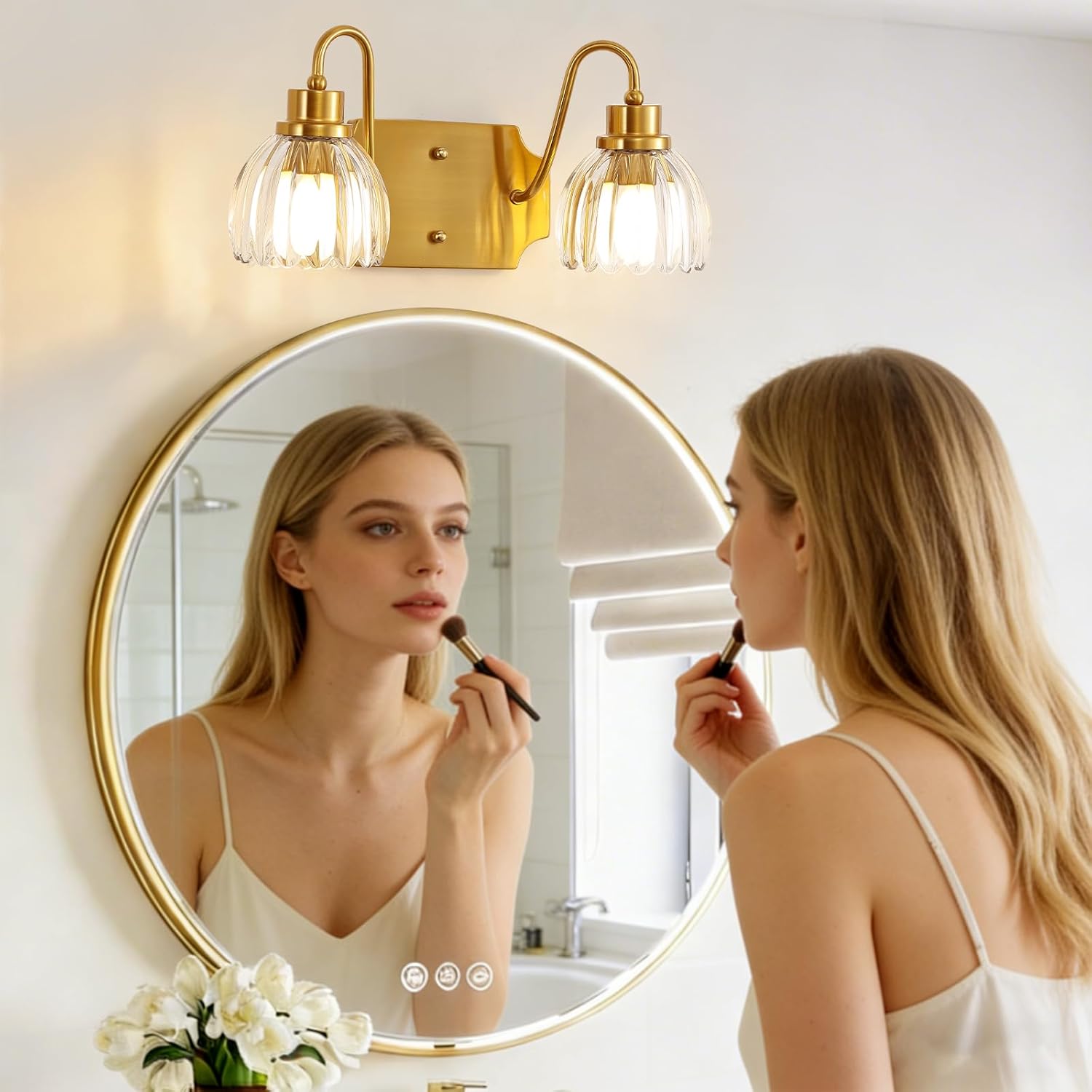 2-Light Bathroom Vanity Light, Gold Vanity Light, Antique Brass Sconces with Tulip Glass Shade, Mid Century Hardwired Wall Sconces for Bedroom, Living Room, Hallway