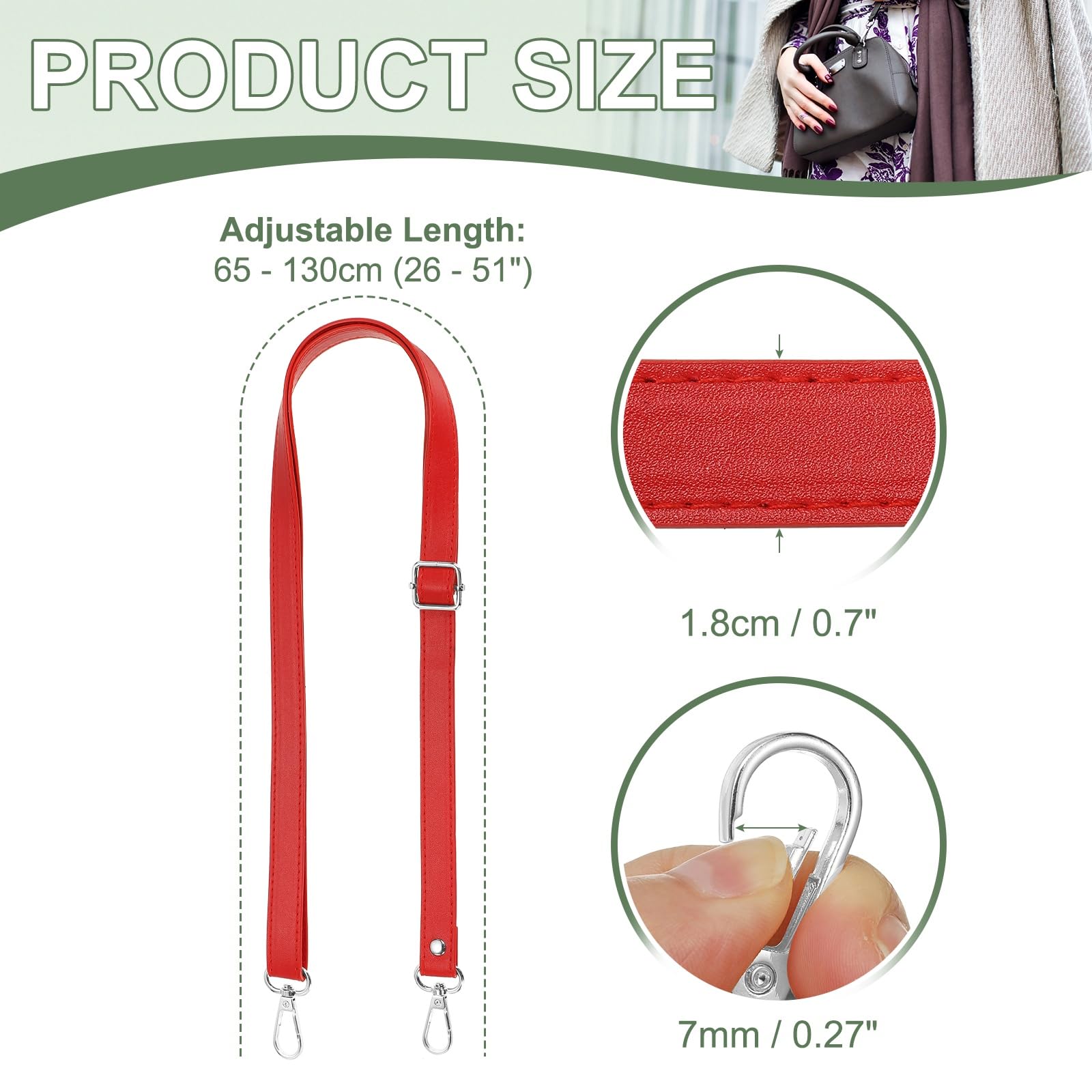 YELARXI Purse Strap Replacement PU Crossbody Adjustable Long Strap with Silver Swivel Clasps - Image 2