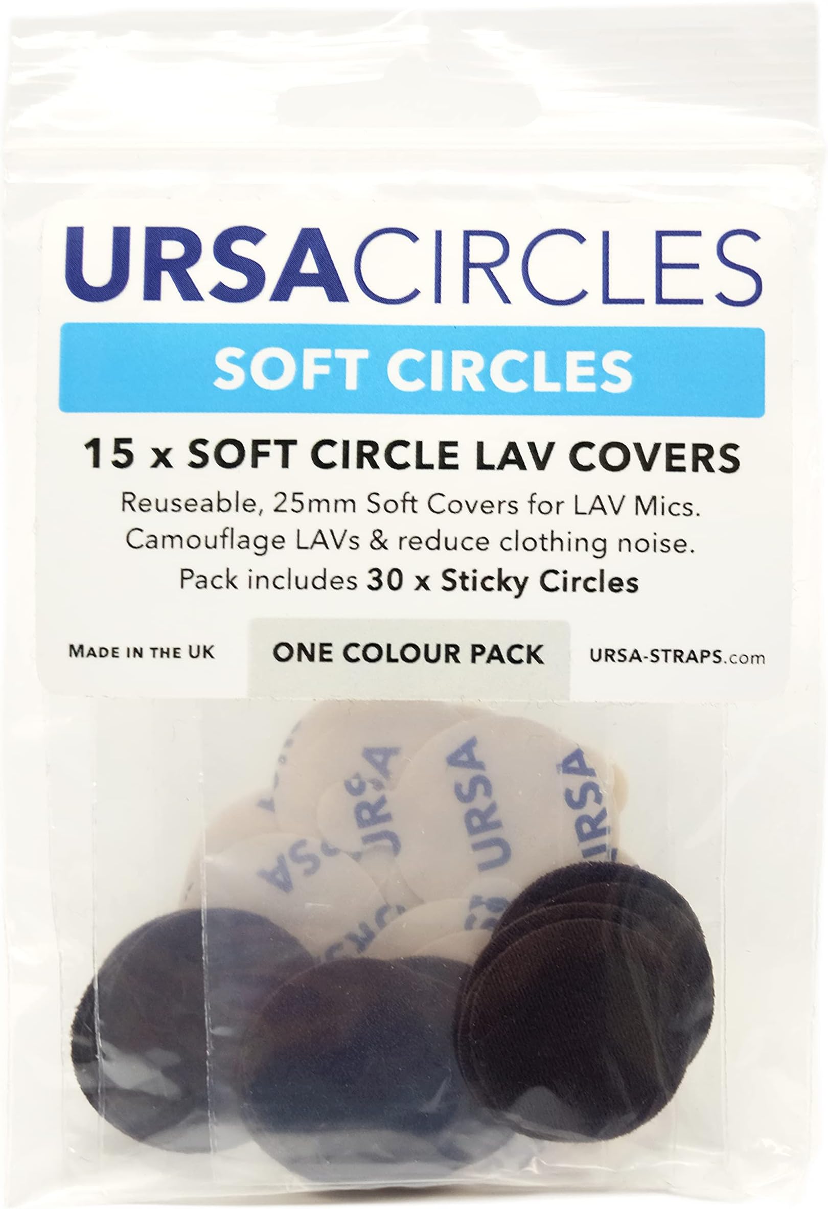 URSA Straps Soft Circles Mic Tape: Reusable Lav Mic Tape Soft Covers | Wind Shield and Camouflage for Lavalier Mics | 15x Soft Lavalier Tape Circles + 30x Stickies | Microphone Tape Brown
