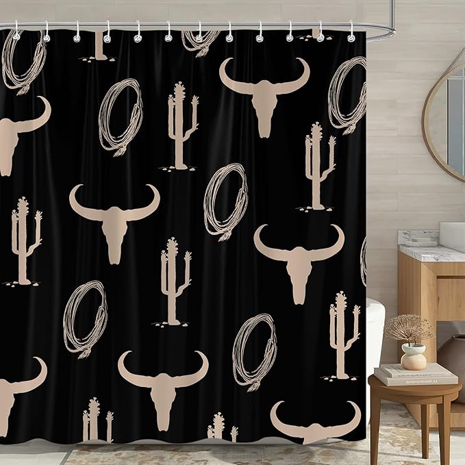 Western Cow Print Shower Curtain for Bathroom, Skulls Cactus Aztec Southwest Black Shower Curtain Sets, Farmhouse Country Polyester Fabric Bath Curtains 72'' x 72''