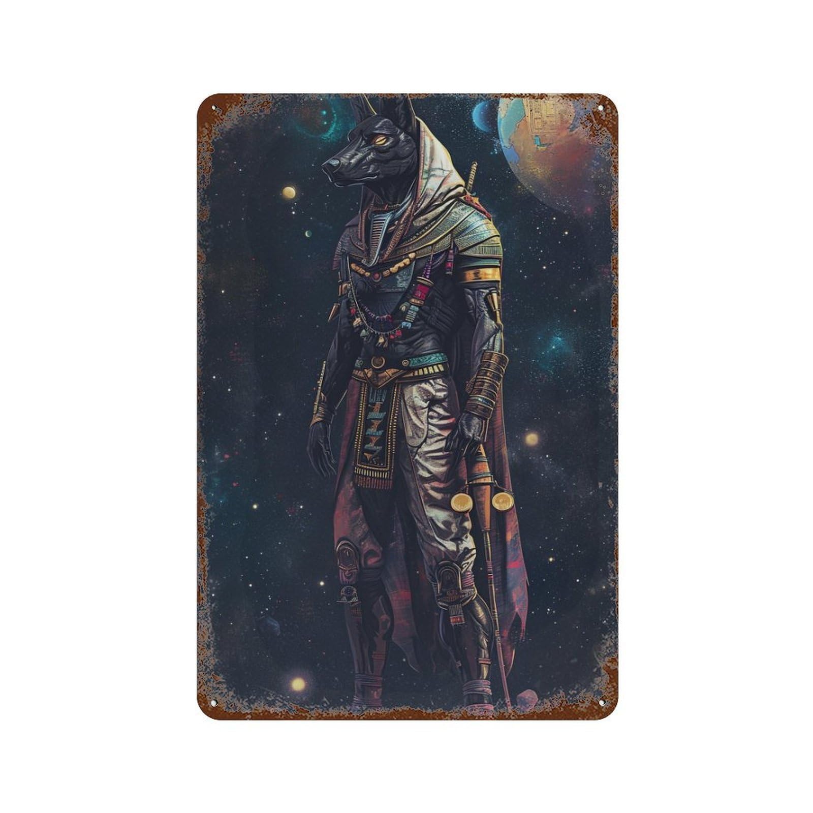 Ancient Egyptian God Statue Art Print 11.8"x7.9" Rust Effect Tin Sign, Old School Wall Decor for Pub, Kitchen And Man Cave Decor