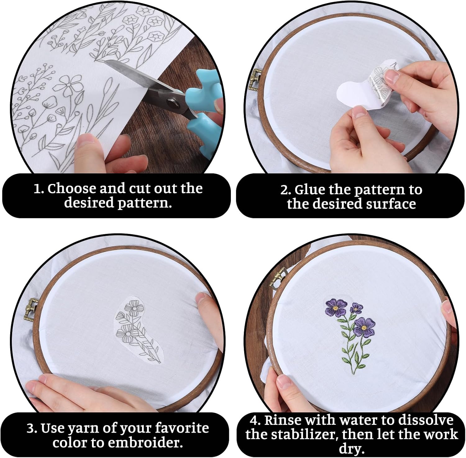 Water Soluble Embroidery Stabilizer, 4 Sheets Water Soluble Stabilizer for Embroidery Patterns Stick and Stitch Embroidery-Paper Designs Transfer Paper with Pre-Printed Flower Leave for Hand Sewing