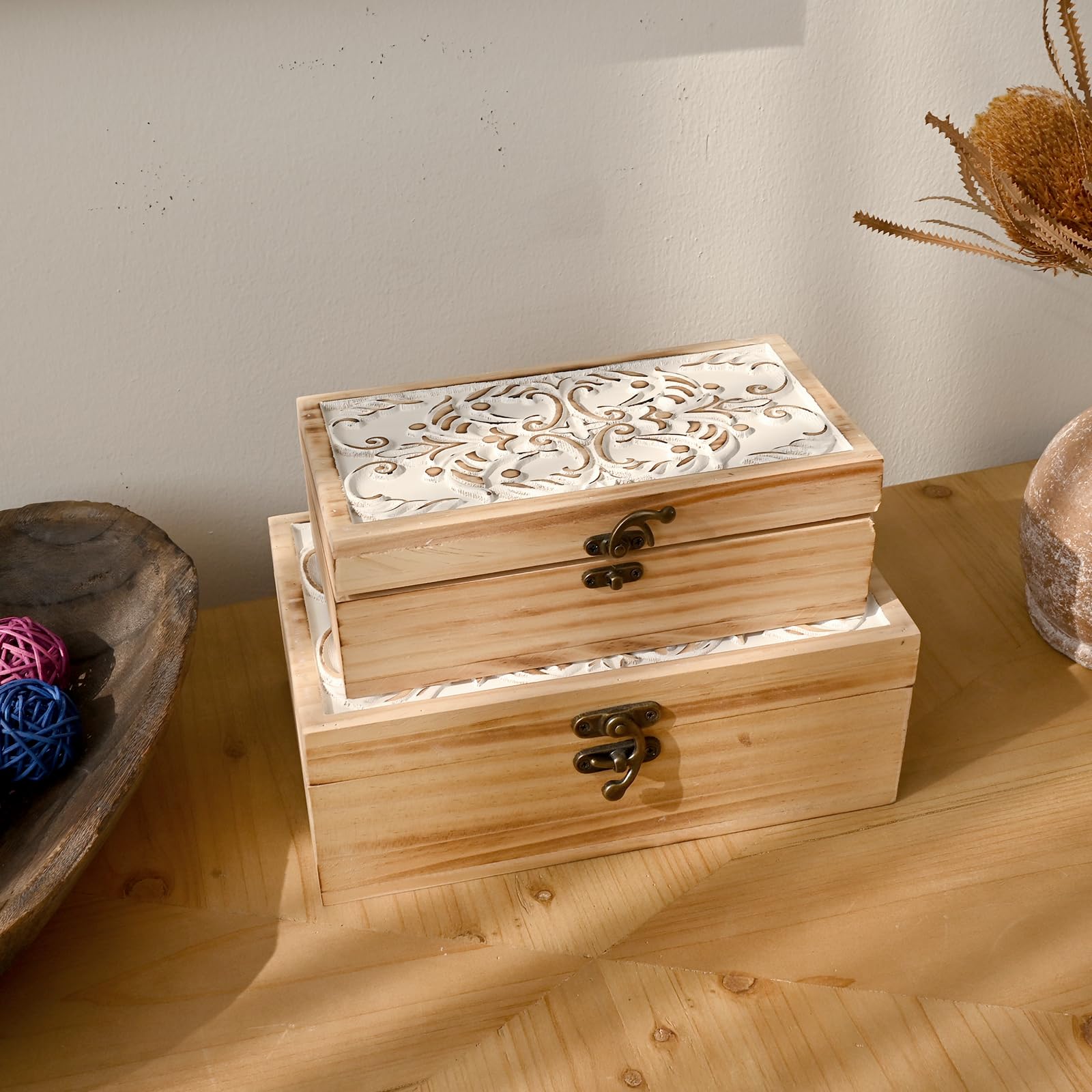 Wooden Box Set of 2 - Rustic Farmhouse Decorative Boxes with Hinged Lid and Carved Design