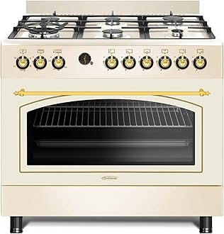 General Gold 90x60 cm Freestanding Gas Cooker 6 Burner, Dual Wok, Gas Oven Grill with Triple Glass Door, 90cm Heavy Duty Cooking Range Automatic Ignition, Full FFD Safety, Rotisserie, Cooling Fan