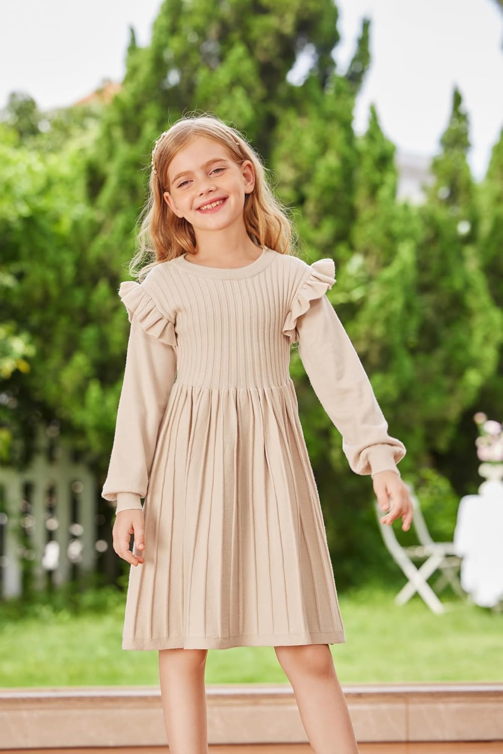 Danna Belle Girls Sweater Dress Lantern Sleeve Ruffled Fall Winter Dresses 5-12Y - Image 3