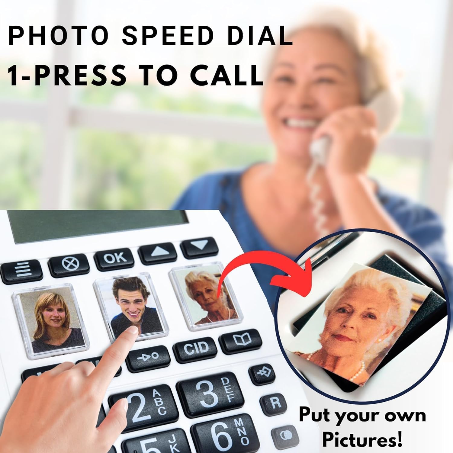 Hand pressing a photo speed dial button on the VOCA CP130 phone
