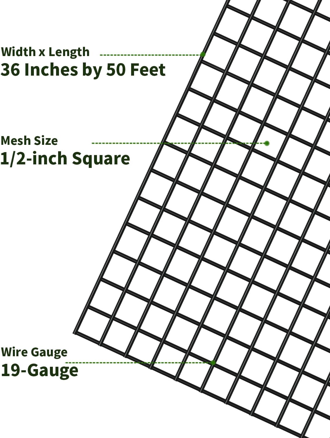 Black Hardware Cloth 1/2 inch 36'' x 50' 19 Gauge - Coated Wire Mesh Roll, Chicken Wire Fencing, Welded Wire Fence Roll, Chicken Wire Mesh, Garden Fencing, Rabbit Wire