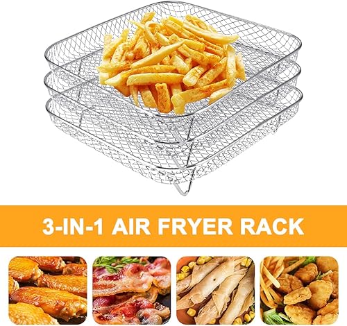 Miniatura 7 de Estante cuadrado para freidora de aire de 8 pulgadas, 3 capas de acero inoxidable apilable con clip antiescaldado, accesorios de acero inoxidable