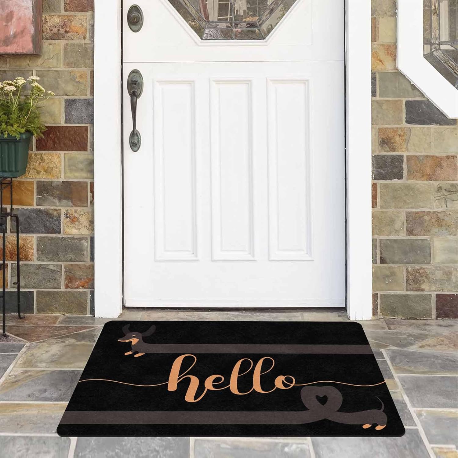 Hello Dachshund with Tail Heart - Door Mat - 30 × 18 Inches - Cute Long Dachshund - Welcome Doormat Outdoor,Entryway - Non-Slip Bath Rug for Bathroom,Kitchen,Indoor - Long Weiner Dog Home Decor
