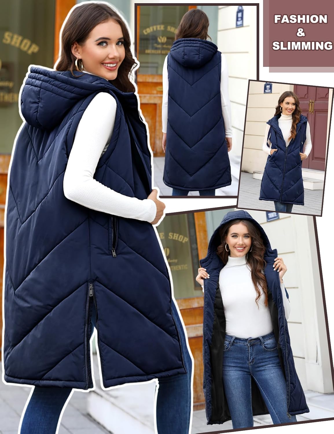 HEEKPEK Womens Puffer Vest Sleeveless Hooded Long Puffy Vests Zip Up Quilted Thick Winter Jackets Outerwear with Pockets - Image 2