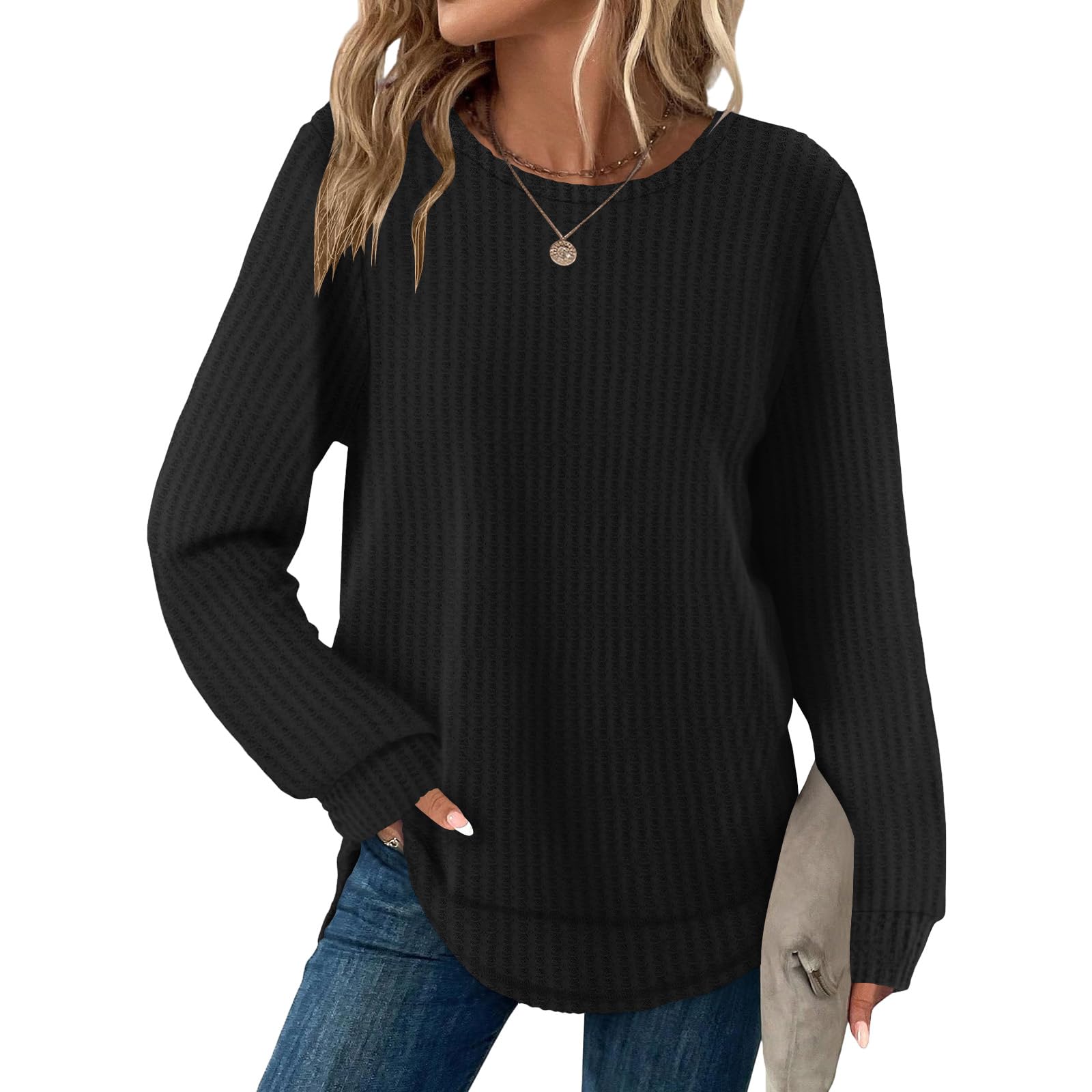 Knit Solid Sweaters for Women Crew Neck Long Sleeve Casual Pullover Lightweight Basic Tunic Top