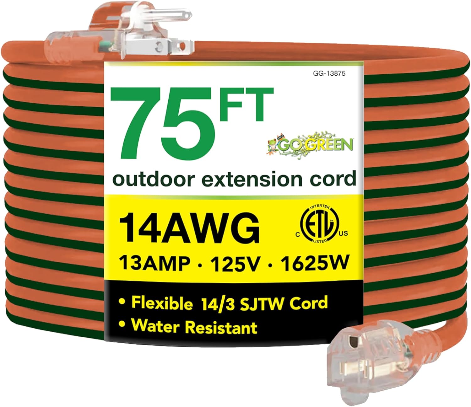 Go Green Power Inc. (GG-13875) 14/3 SJTW Outdoor Extension Cord, Lighted Extension Cord, 75 ft