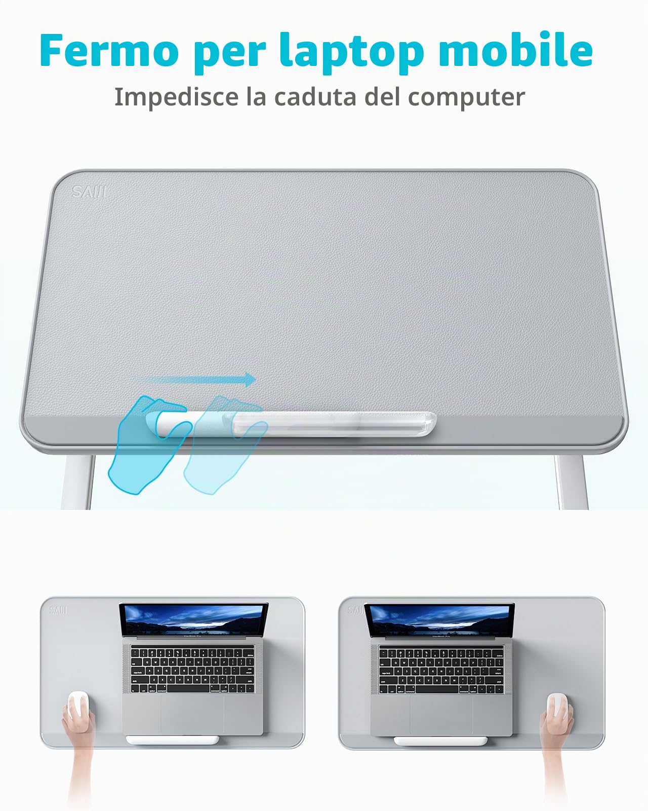 Tavolo da letto, SAIJI Lap Desk, pelle resistente, altezza e angolo di inclinazione, pieghevole, fermo anticaduta, fino a 17in notebook, per letto, divano, tavola (Grigio, 52 * 30cm)
