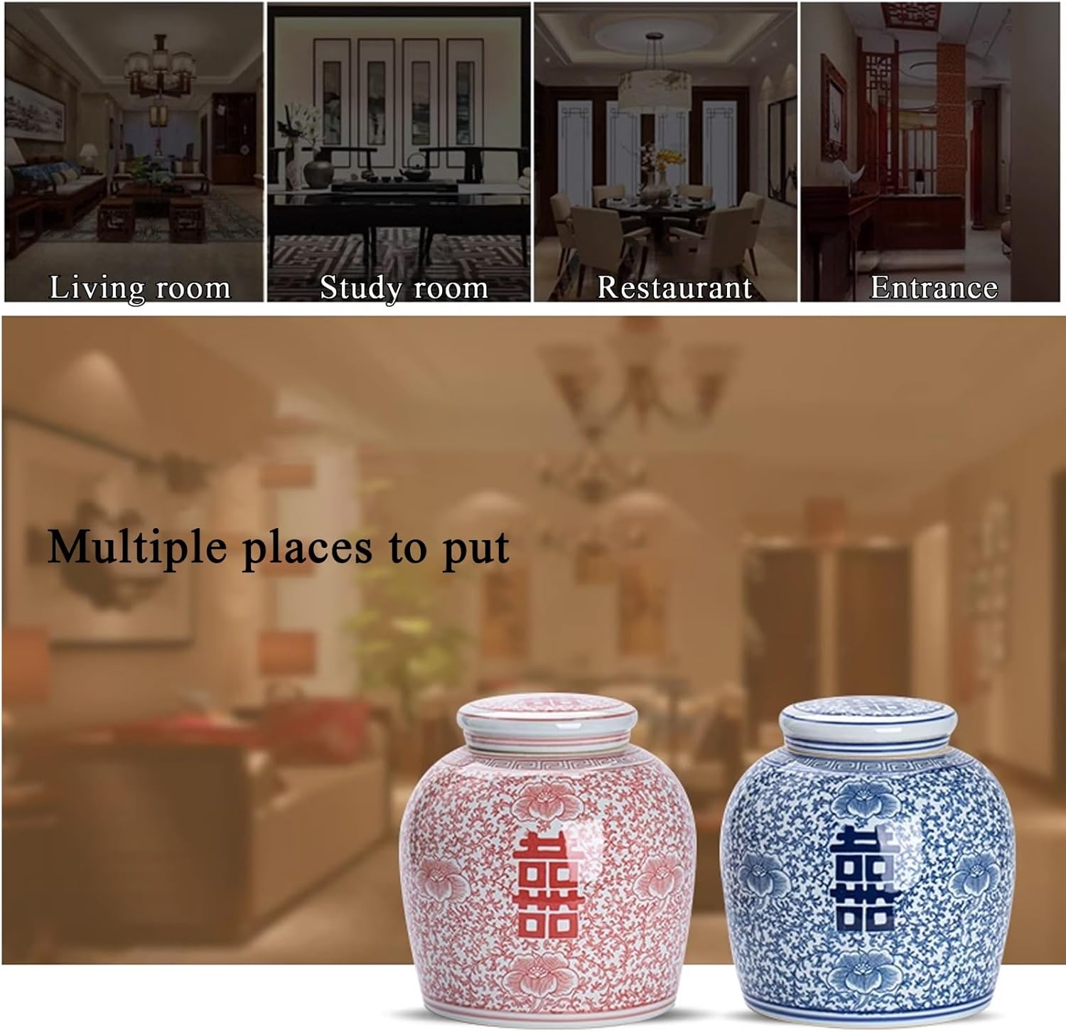 JKGHK Rice Container, Ceramic Rice Storage Container with Lid, Chinese Sealed Large-Capacity Storage Containe, for Candy, Cookies, Coffe Beans, Tea, Snacks More(Red)