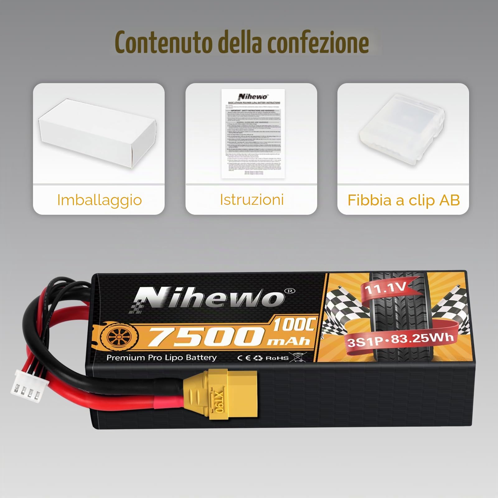 Batteria Lipo 3S, 2 Pezzi Batteria RC 11,1 V 7500 mAh 100C Custodia Rigida Lipo 3S Connettore XT90 Compatibile con 1/8 1/10 RC Auto Camion Truggy Veicoli Serbatoio Barca Aereo Modelli
