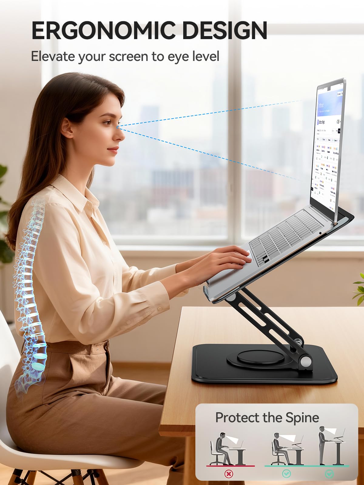 tounee Supporto per laptop da scrivania, supporto regolabile per computer con base girevole a 360°, supporto ergonomico per laptop compatibile con MacBook Pro Air, tutti i laptop da 10 a 16" - Nero