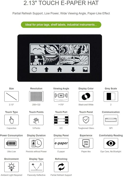 2.13inch Touch E-Paper E-Ink Display Module HAT for Raspberry Pi, 250122 Pixels, Black/White Two Color, SPI Interface Support Partial Refresh 5-Point Touch