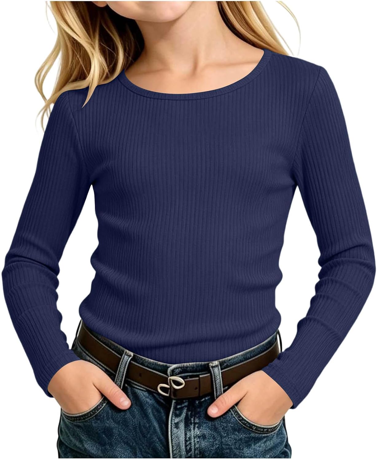 Girls Long Sleeve T-Shirts Kids Ribbed Slim Fit Fall Layer