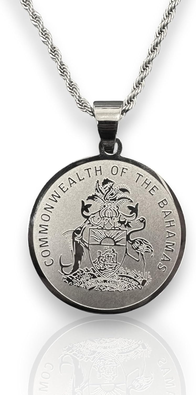 Men Women Bahamas Gold Coin Pendant Necklace – 925 Italy 14K White Gold Finish, Commonwealth Peso Design, Stainless Steel 2.5mm Rope Chain