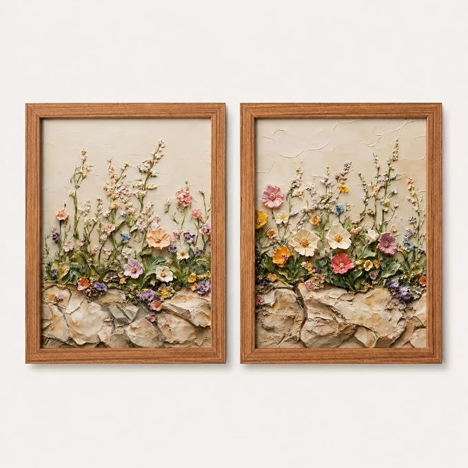 2Pcs Wood Framed Floral Canvas Wall Art Textured Relief Painting Prints Flower Poster Picture Gallery Wall Decor Canvas Painting Print Artwork for Living Room Bedroom 16x24 Inch Ready to Hang