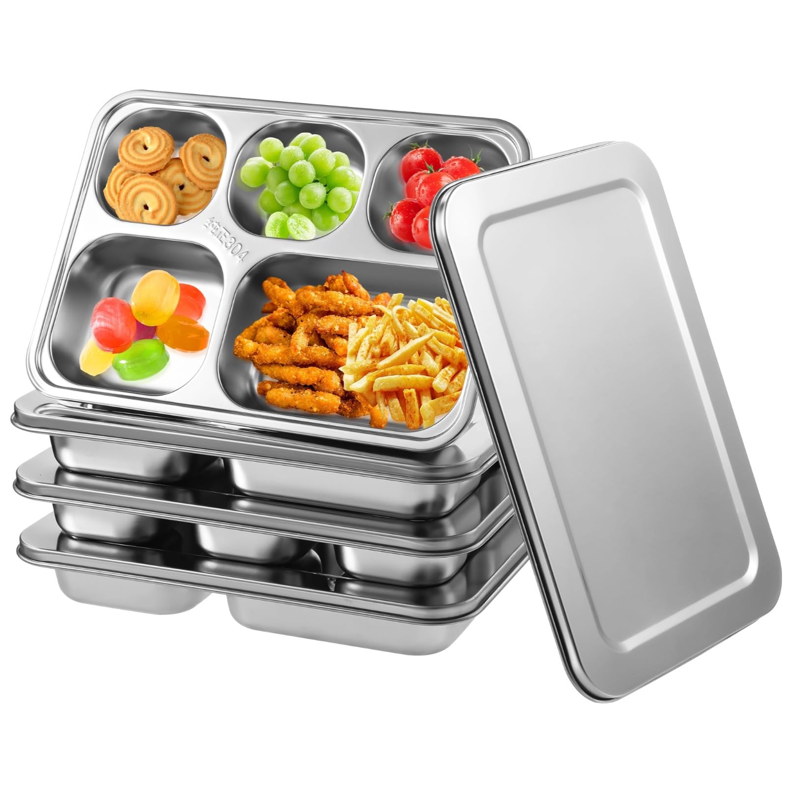 SWEWARM 4 Pcs Stainless Steel Bento Box Set with 5 Compartments and Lids, Snack Containers Lunch Trays for Adults and Kids, Reusable Meal Prep Lunch Containers for Work, Camp, Travel