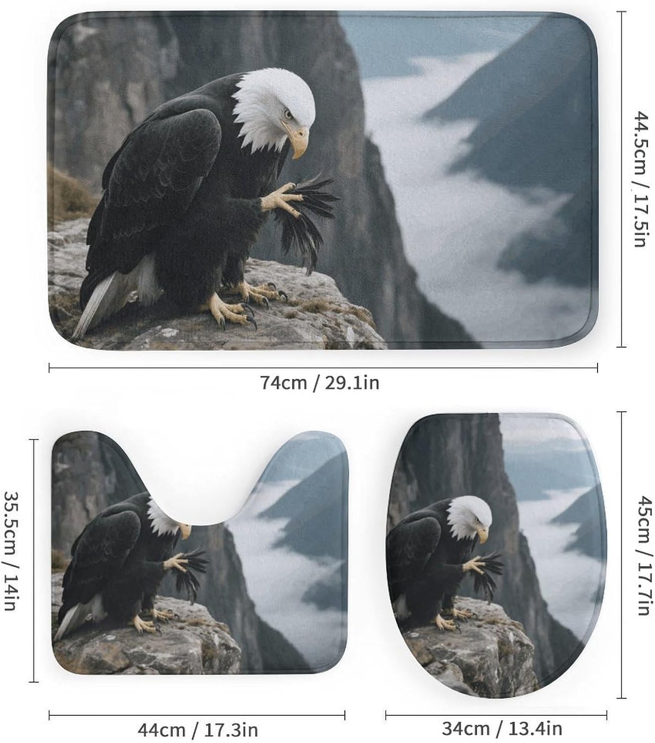 Eagle Shower Curtain Set 4 Piece, Non-Slip Bath Mat with Toilet Lid Cover and Waterproof Shower Curtain with 12 Hooks, Complete Bathroom Set for Home Decor