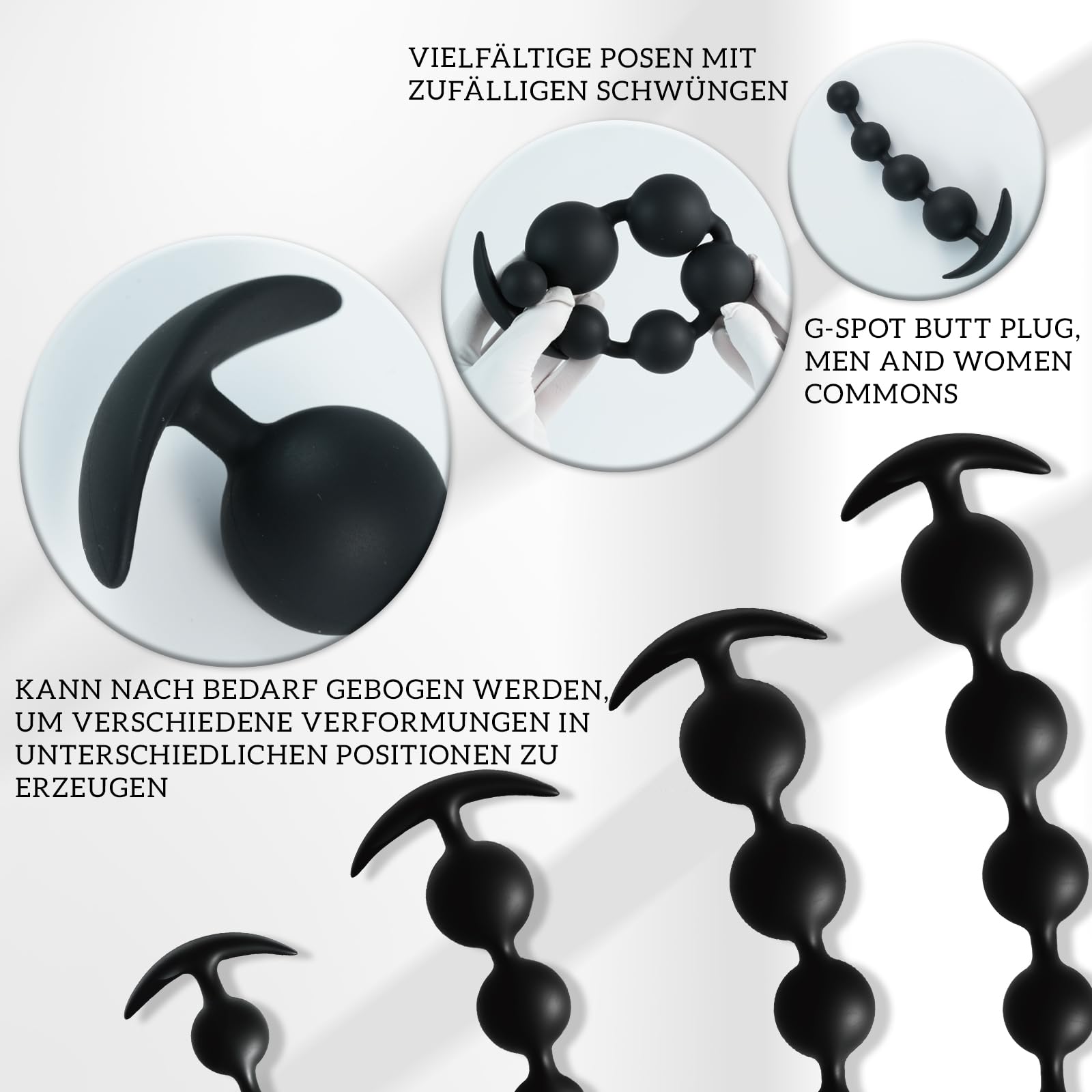 AMAZBEE Bolas Anales de silicona con bolas de diferentes tamaños Pliable & skin friendly anal beads sex toy with narrow flared base butt plug dildo for men women black (5 Bead)