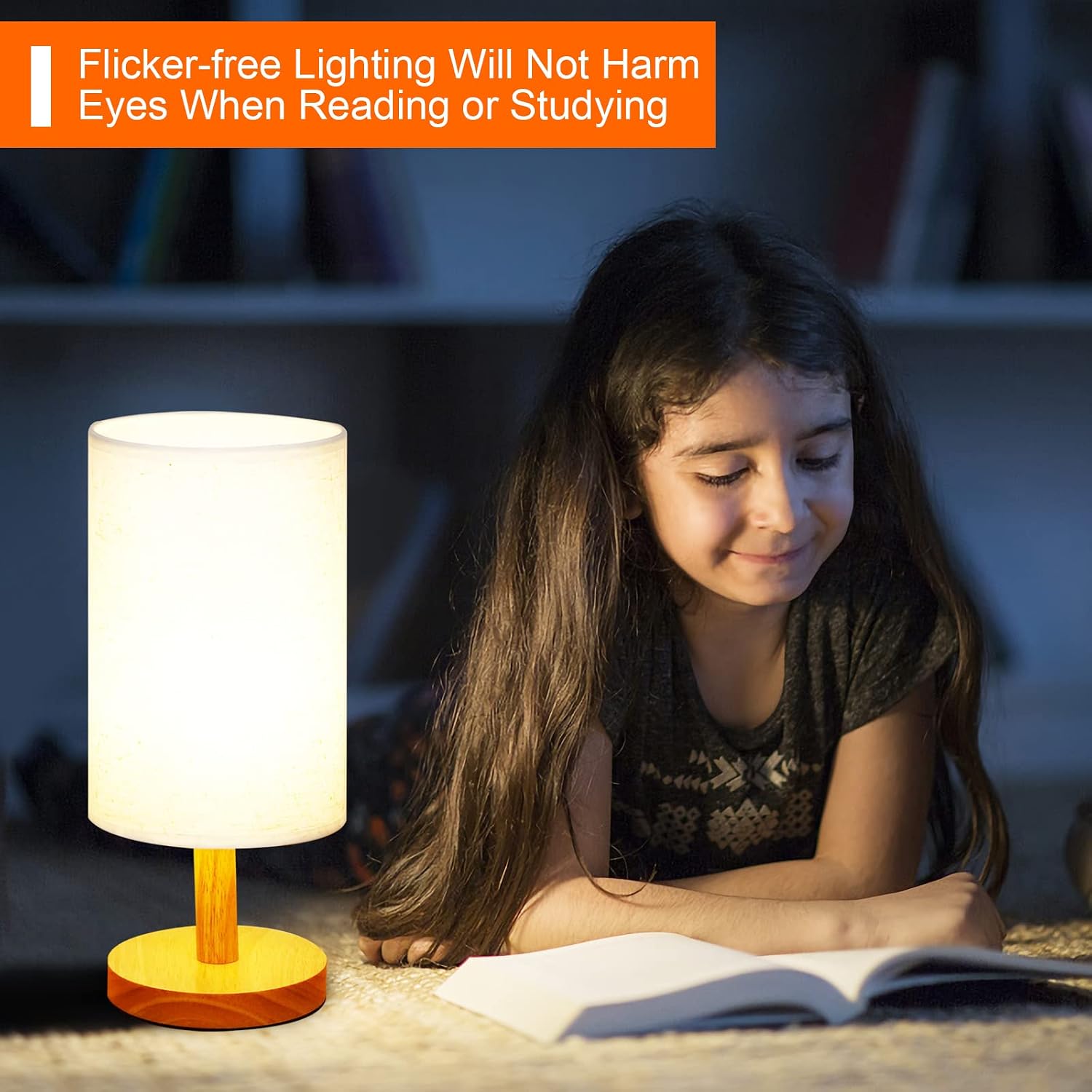 AFROG Table Lamp for Bedroom - 3 Way Dimmable Nightstand Lamp with Round Flaxen Fabric Shade for Living Room Kids Room Office Dorm,Solid Wood,12W, LED Bulb Included