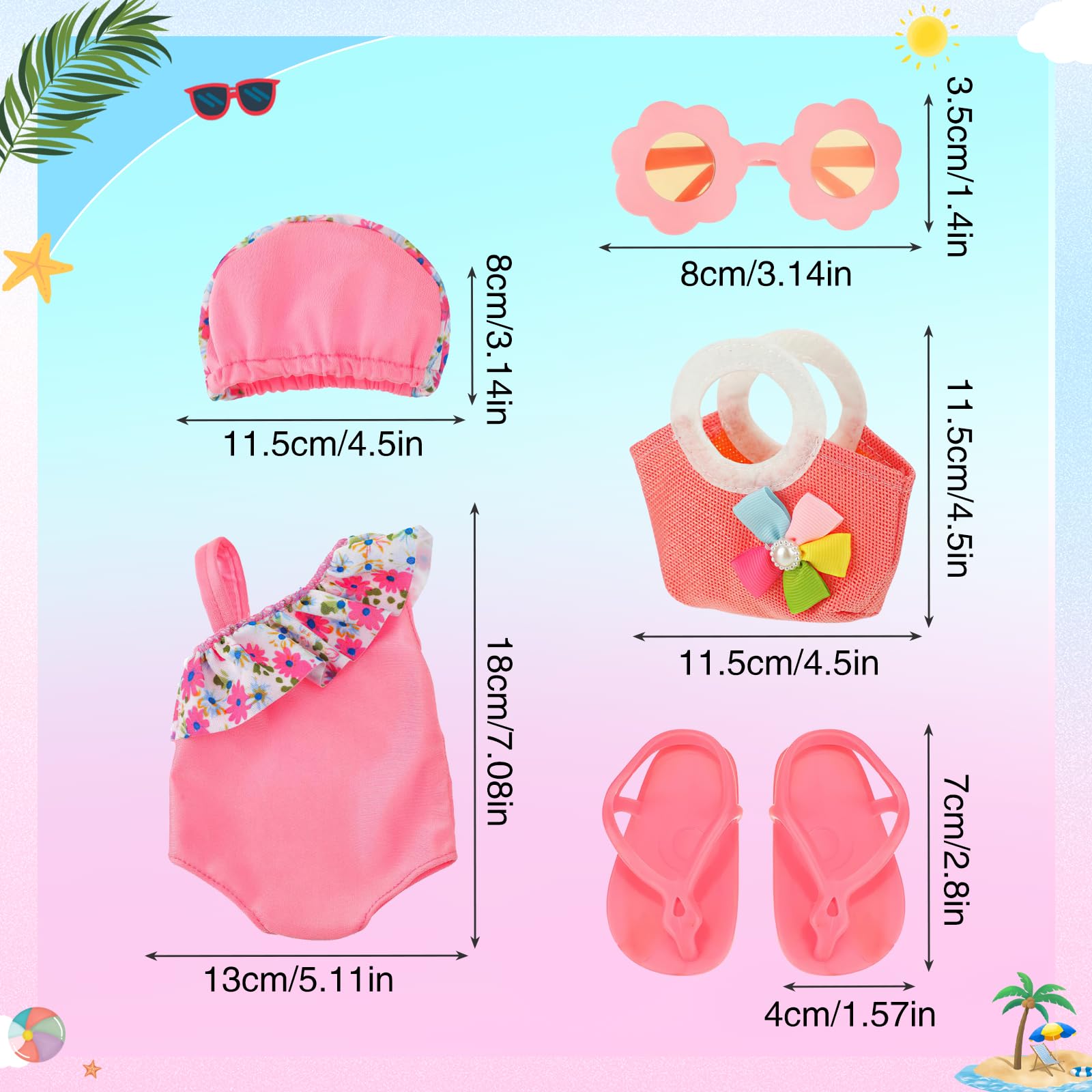 Costume da Bagno per Bambole, Set di Nuoto per Bambole, Vestiti Bambola Estate con Costumi da Bagno, Occhiali da Sole,Cappello, Pantofole, Vestite Bambole Reborn per Bambole 35-45 cm