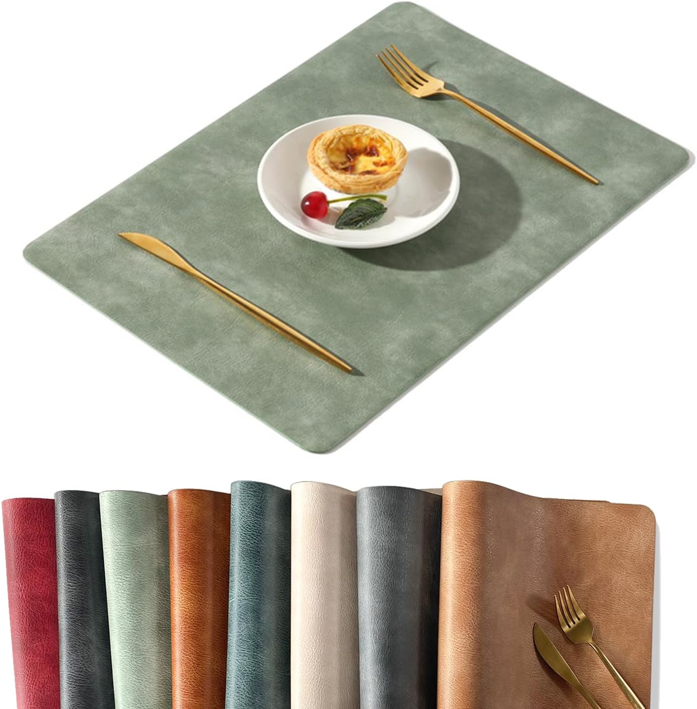 UnivoColors Washed Cowhide Pattern PU Leather Placemats Set of 8 Heat Resistant Kitchen Table Mats, Waterproof Wipeable for Party Decoration(Green)