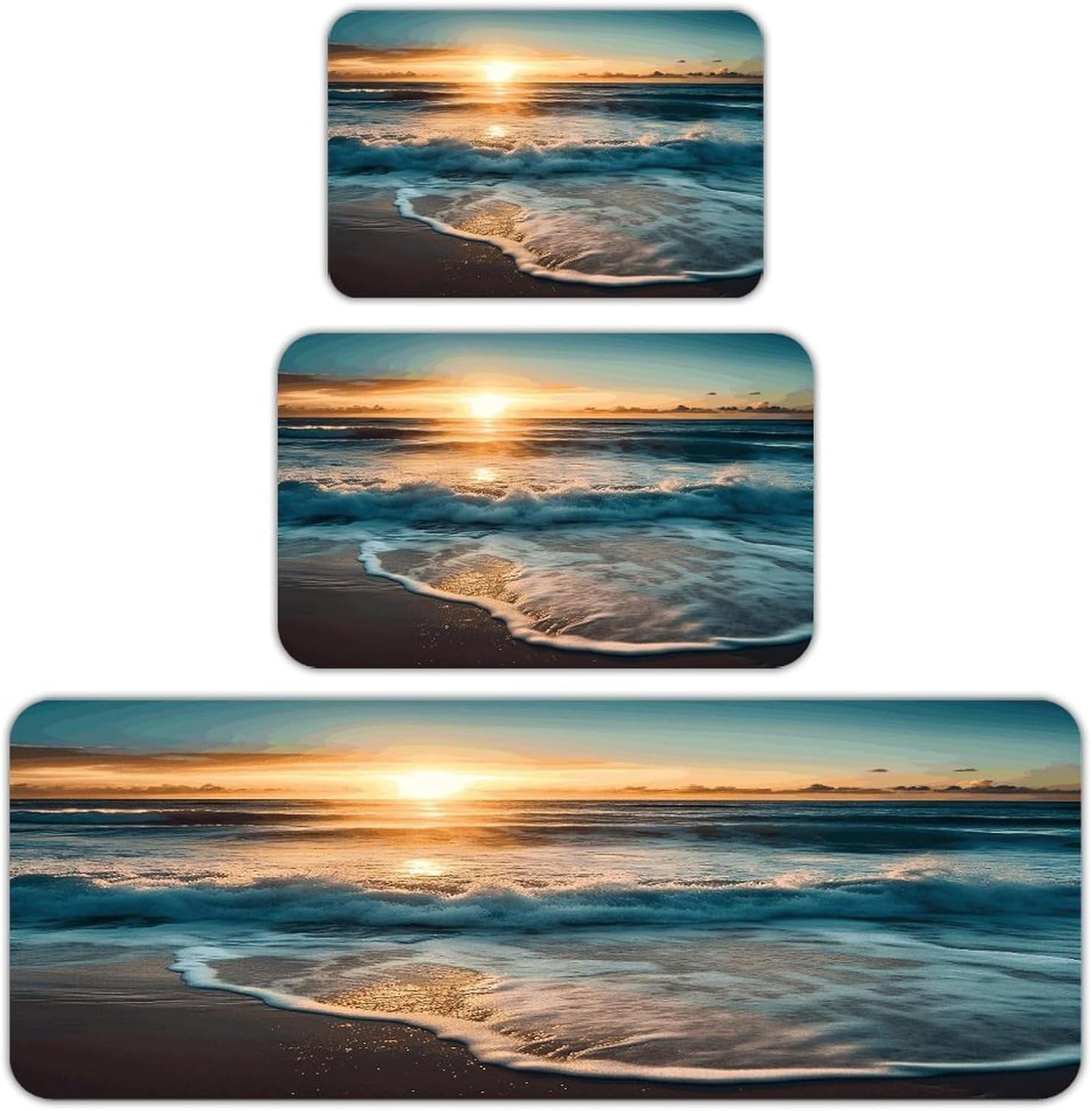 Ocean Sunrise Kitchen Rugs Set of 3 Non Slip Washable Kitchen Mats for Floor Soft Area Rug Kitchen Floor Mat Cushioned Anti Fatigue Mats Standing Sink Mat Decor Runner Rugs