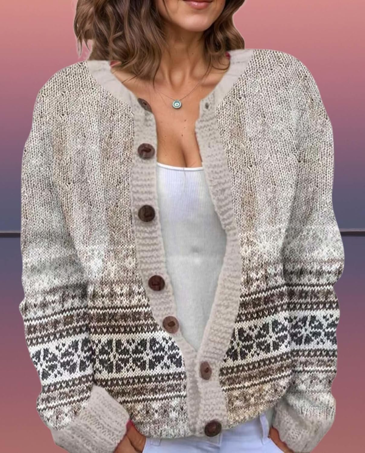 Women's Fair Isle Pattern Knit Cardigan Sweater Vintage Button Down Open Front Jacket Coat for Fall & Winter 2025 - Image 6