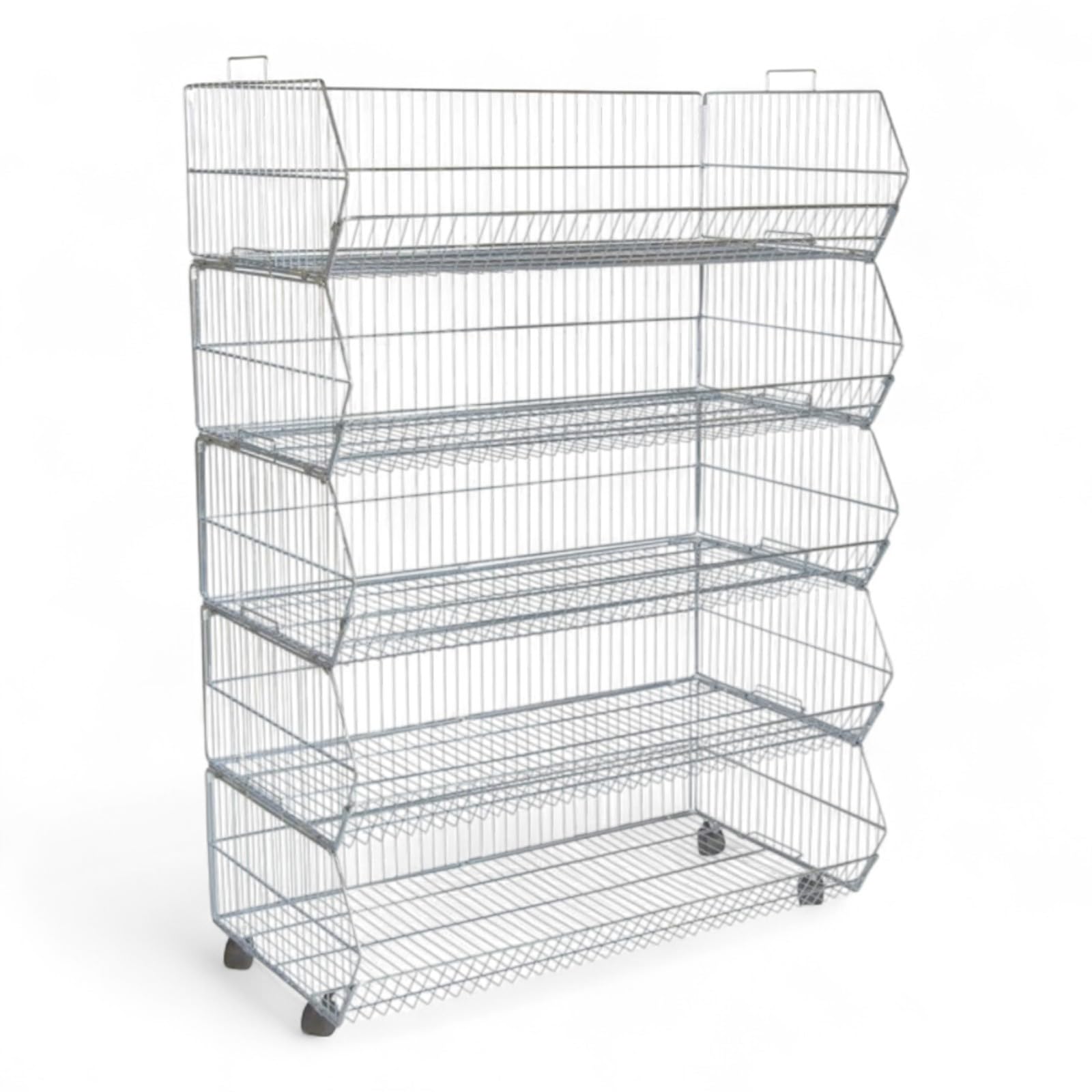 5 Tier Stackable Display Baskets – 100cm Wide Retail Stand with Wheels – Freestanding Storage Bins for Shops & Markets – Flat Pack Assembly – Mobile or Stationary Use