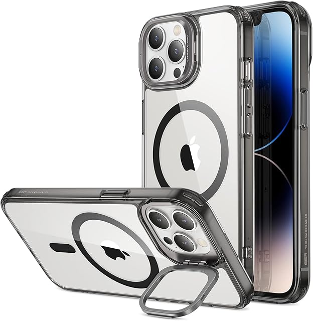 ESR Classic Kickstand Case with HaloLock Compatible with iPhone 14 Pro Max Case, MagSafe-Compatible Case with Stand, Military-Grade Protection, Built-In Camera Ring Stand, Clear Black