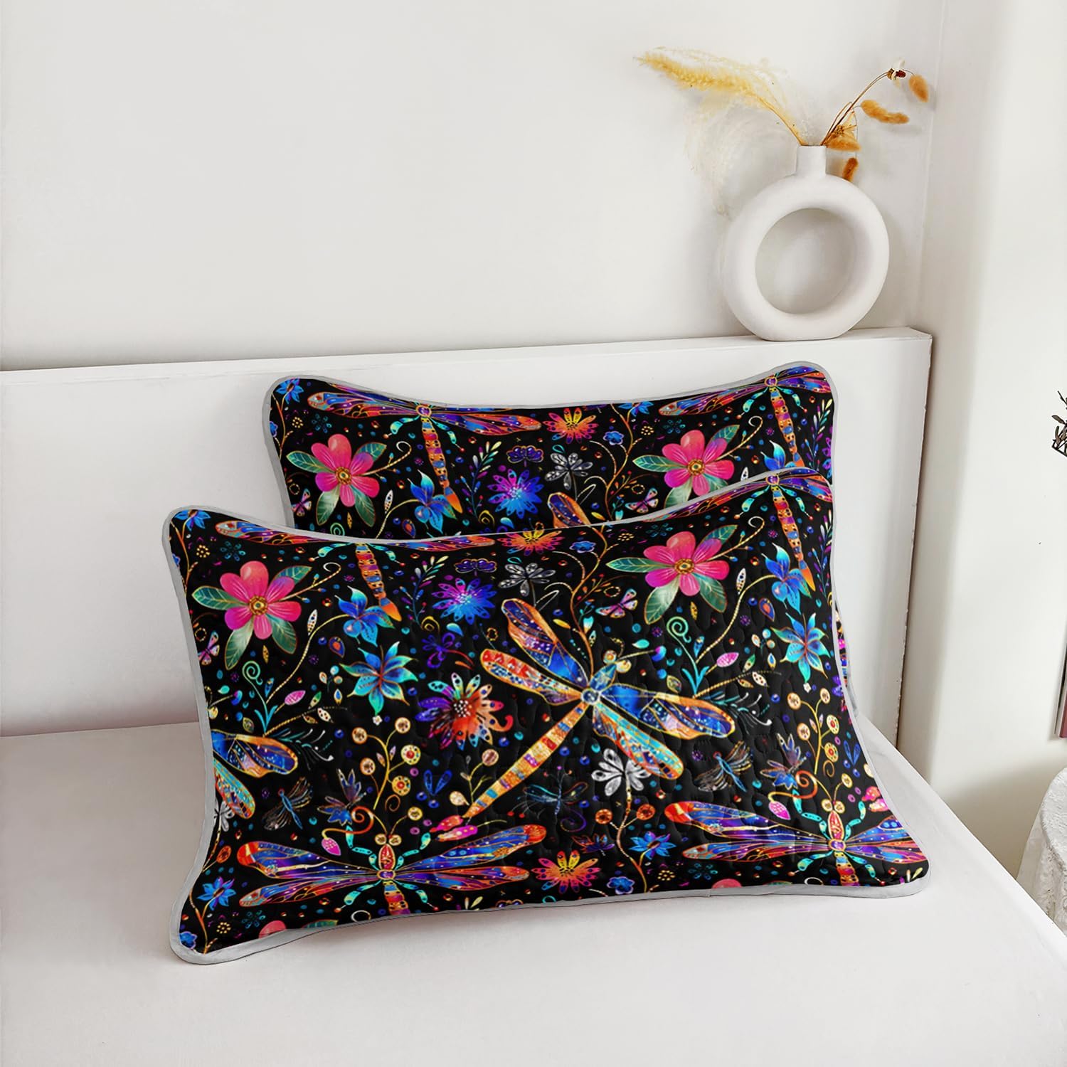 Colorful Dragonfly Quilted Quilt Sets,Exotic Bohemian Flower Bedding Set for Kids Boys Girls Room Aesthetics Decor,Soft Lightweight Twin Size Quilt Set 3 Pieces with 2 Pillowcases.