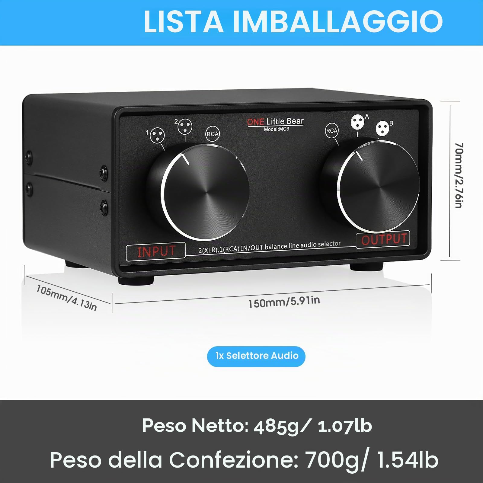 Nobsound, preamplificatore passivo XLR per commutare l'audio in RCA, Little Bear, modello: MC3, convertitore stereo 3 ingressi e 3 uscite bilanciate XLR e RCA