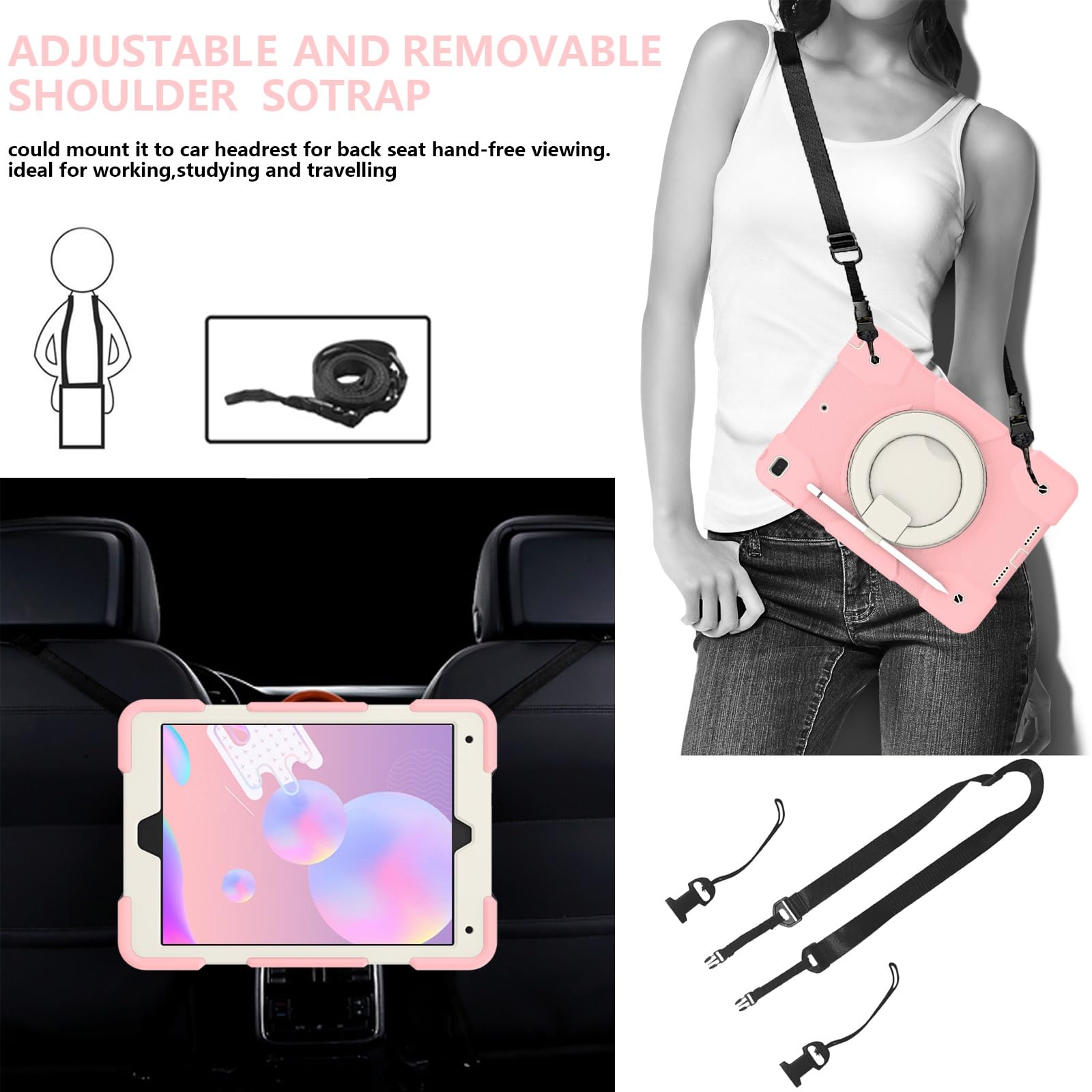 Etui dziecięce kompatybilne z iPadem 9./8./7. generacji 10,2 cala (etui na iPada 9/8/7 generacji), iPad7/iPad8/iPad9 obrotowym uchwytem, ​​stojakiem i paskiem, miękkie silikonowe etui tablety(Pembe)