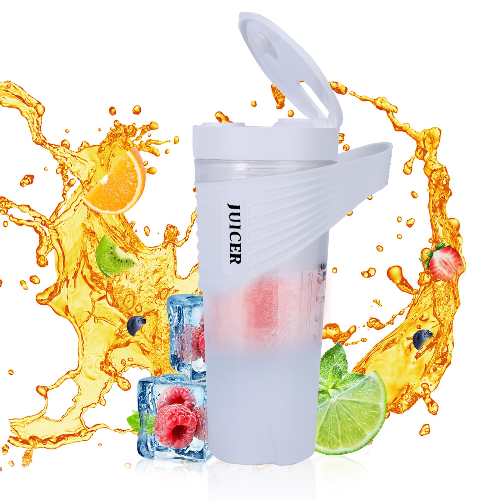 Mélangeur Rechargeable de Type C de 4000mAh pour Shakes et Smoothies, Tasse Presse-agrumes 460ml avec 6 Lames, Mélangeur Portable étanche IP7 (Blanc)