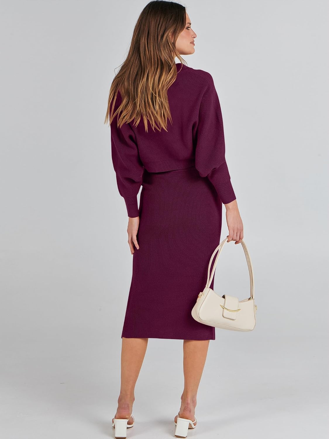 Miniatura 4 de Caracilia Conjunto de dos piezas para mujer, suéter de manga larga, parte superior de punto y falda bodycon con abertura lateral, vestido de otoño