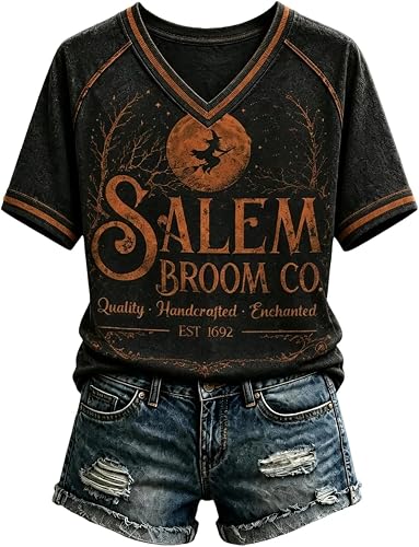 Halloween Shirts for Women V Neck Short Sleeve Pumpkin Witch