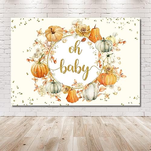 Miniatura 6 de MEHOFOND Telón de fondo de otoño de 8 x 6 pies Oh Baby Shower otoño hojas de arce calabaza fondo dorado purpurina puntos banner Blush Photobooth,