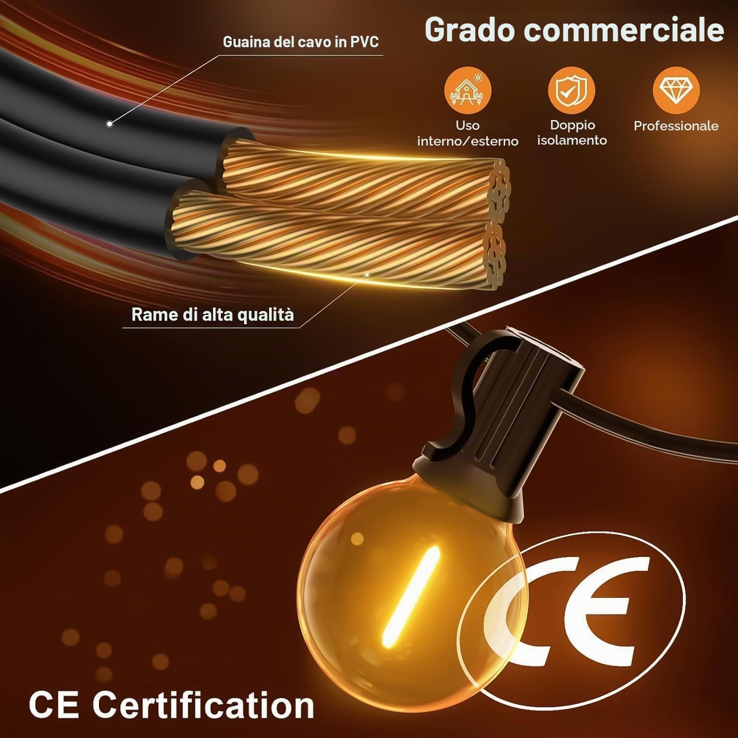 Catena Luminosa Esterno 45M 75+2 LED G40 Lampadine 2700k | 150FT Luci da Esterno Impermeabile Bianco Caldo Catena Luci Esterno e Interno per Giardino Natale Terrazzo, Matrimonio