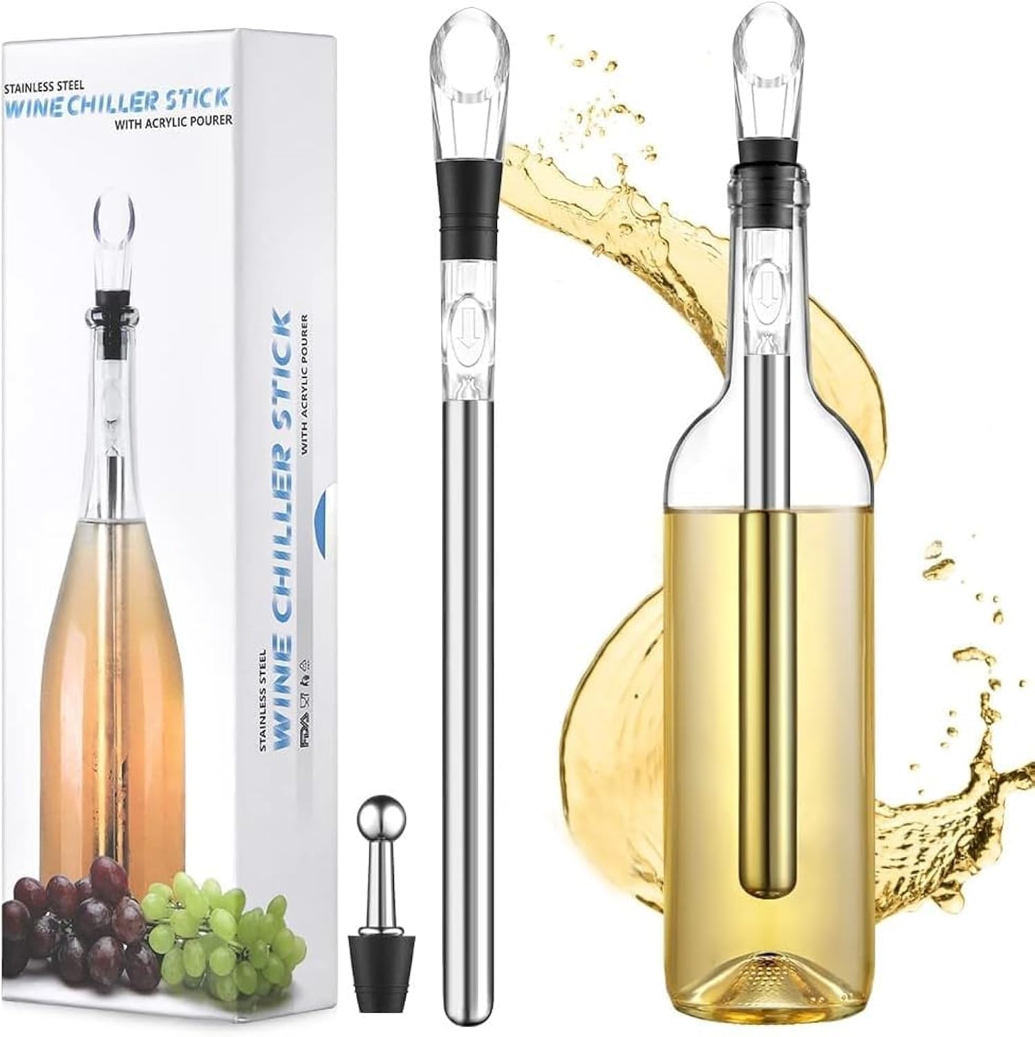 NASHRIO Wine Bottle Chiller Stick with Cork & Foil Cutter - 3 in 1 Wine Cooler Set, Stainless Steel Wine Chill Rod - Easy to Use for Home Cooking Accessories, Bar, Party, BBQ, Wedding