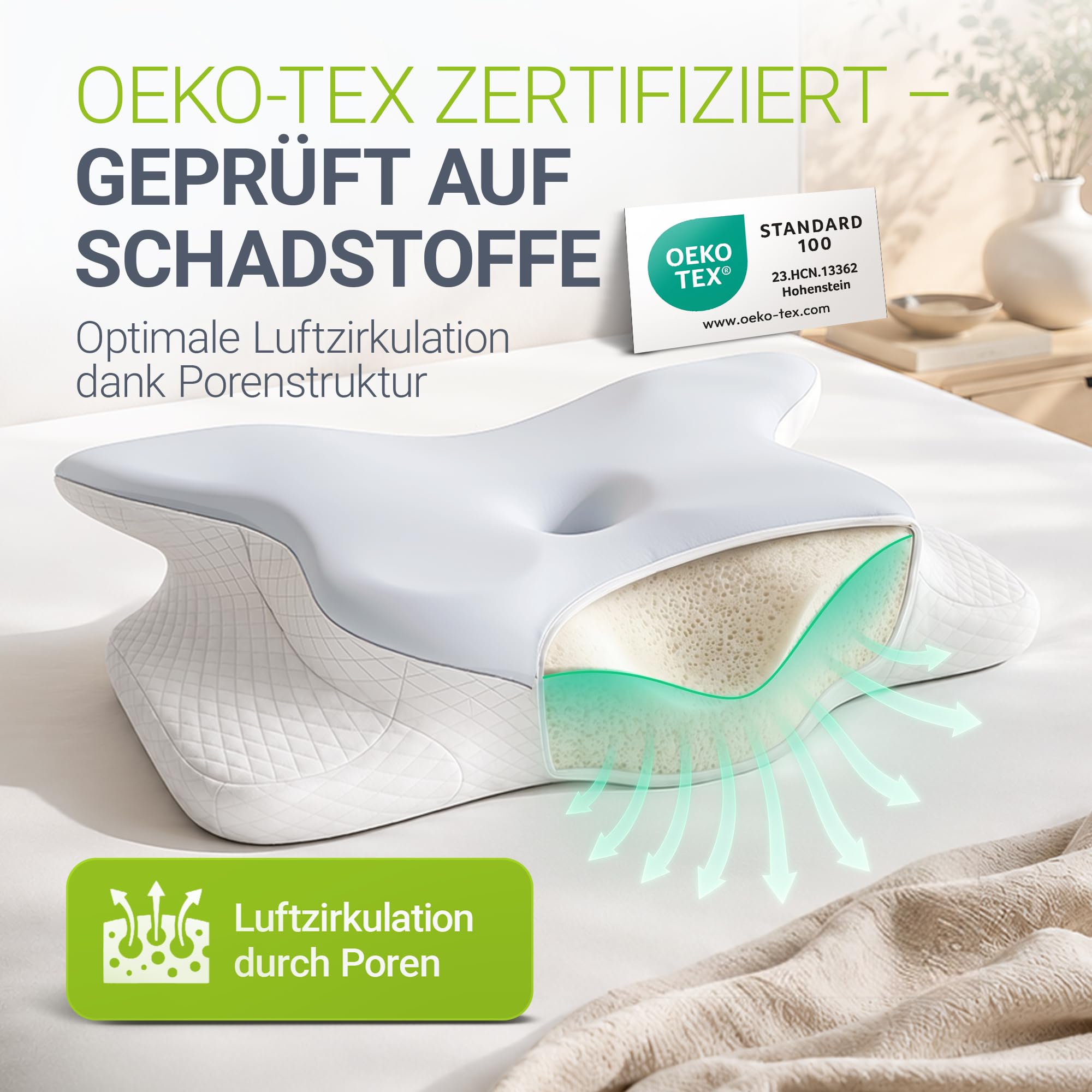 Juskys Nackenkissen 1er Set - Ergonomisches Kopfkissen mit Memory-Foam, atmungsaktivem Bezug - Kissen für den Nacken, gesunder Schlaf - weiß/grau
