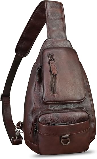 IVTG Genuine Leather Sling Bag for Men and Women Vintage Real Leather Sling Backpack Crossbody Bag Chest Purse