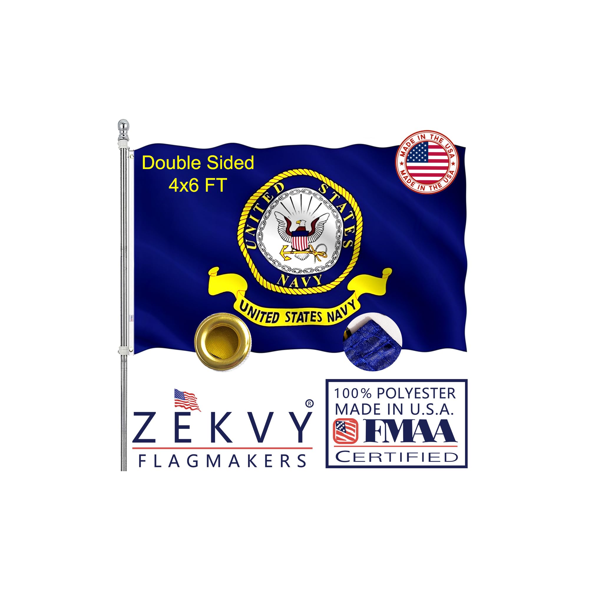 ZEKVY Navy Emblem Military Flag 4x6 Outdoor Made in USA - Double Sided Heavy Duty Vivid Color United States Navy Flags with 2 Brass Grommet